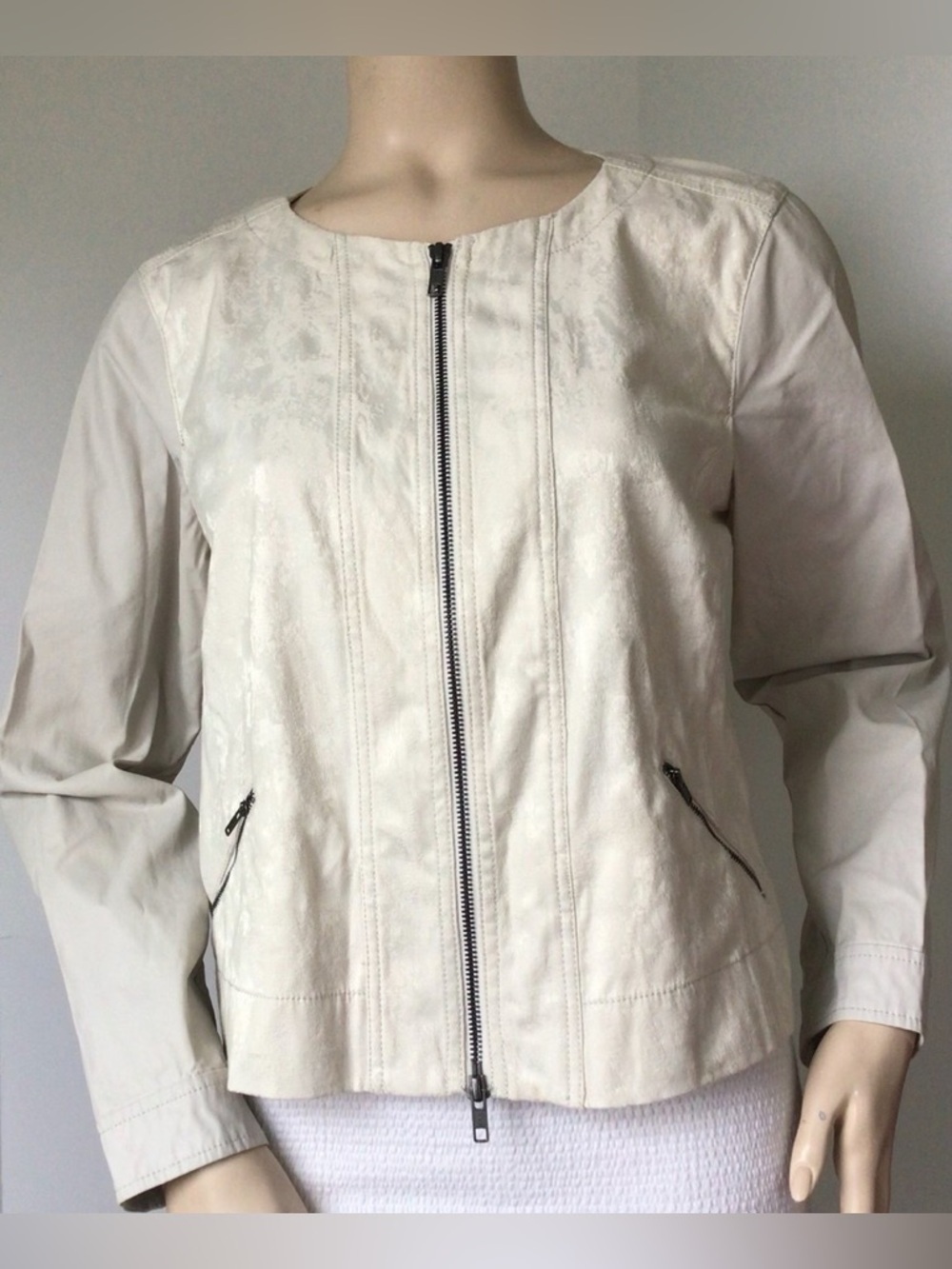 Eileen Fisher Cream Zip-Front Leather Jacket 816